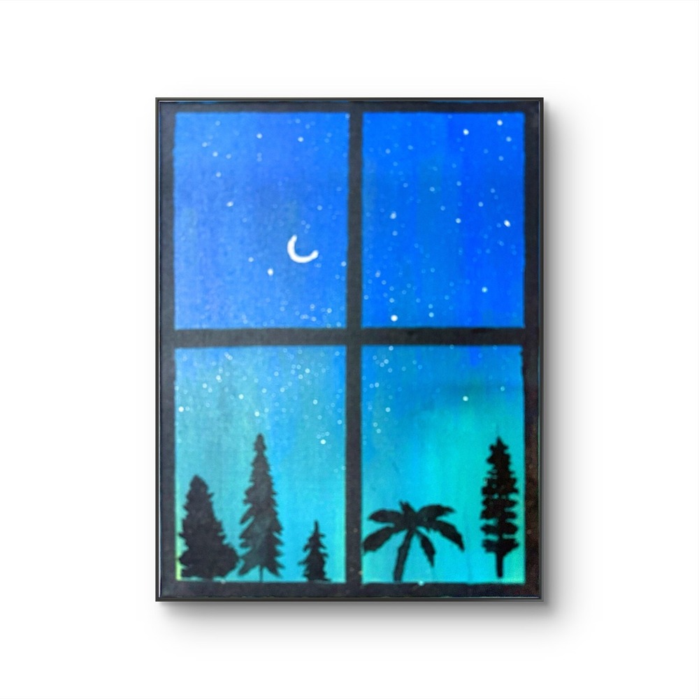 Papa Diouf Original Painting Moonlit Window Night Sky Art 11x14 New